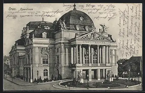 AK Graz, Opernhaus mit Anlage aus der Vogelschau