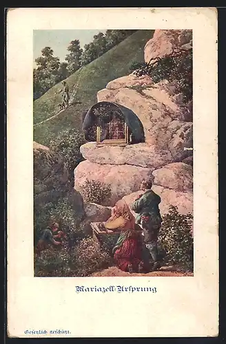 Künstler-AK Mariazell, Ursprung mit betendem Paar und Wanderer mit Hund