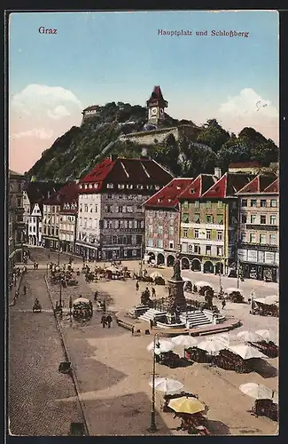 AK Graz, Hauptplatz mit Schlossberg und Denkmal