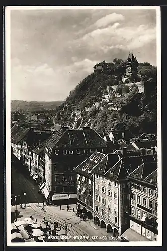 AK Graz, Platz u. Schlossberg mit Café Nordstern