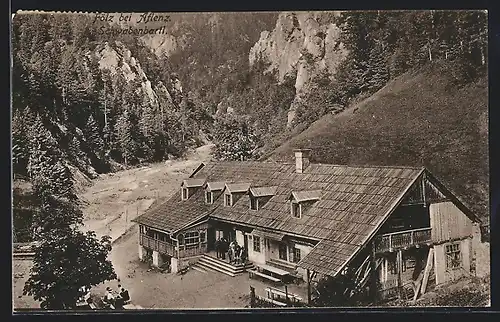 AK Fölz bei Aflenz, Gasthaus Schwabenbartl aus der Vogelschau