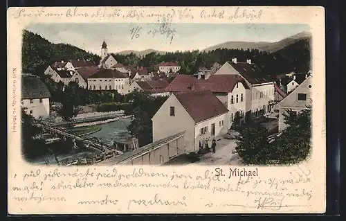 AK St. Michael ob Leoben, Ortspartie mit Häusern am Fluss, Blick zur Kirche