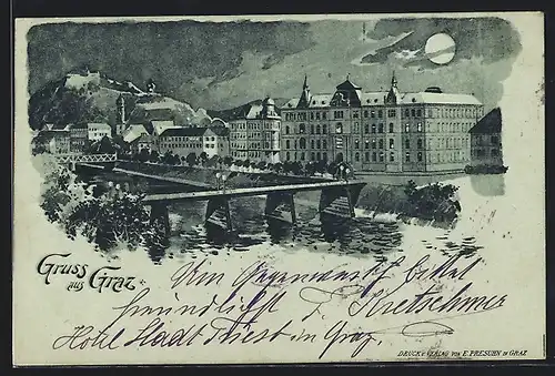 Mondschein-Lithographie Graz, Flusspartie mit Brücke