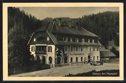 AK Grünau, Hotel Marienwasserfall, davor ein Automobil