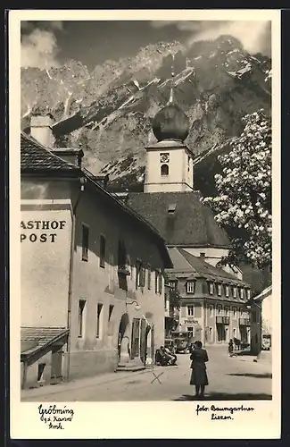 AK Gröbming, Strassenpartie mit Gasthof Post und Hotel Spanberger