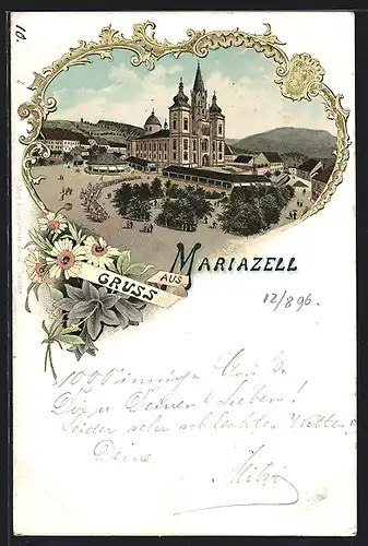 Lithographie Mariazell, Prozession bei der Kirche