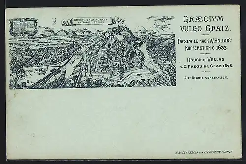 Lithographie Graz, Facsimile nach W. Hollar, Graecium Vulgo Gratz 1635