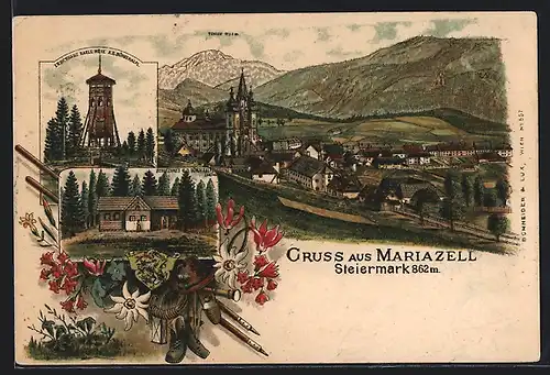 Lithographie Mariazell, Schutzhaus, Erzh. Franz Karls-Höhe, Ortspanorama mit Kirche