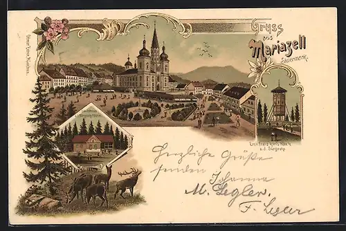 Lithographie Mariazell, Ortspartie, Erzh. Franz-Karls-Höhe a. d. Bürgeralp, Schutzhaus a. d. Bürgeralp