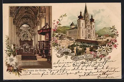 Lithographie Mariazell, Basilika, Innenansicht der Kirche
