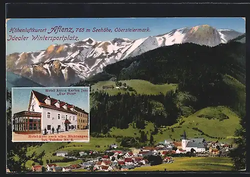 AK Aflenz, Hotel Anton Karlon jun. Zur Post, Totalansicht mit Kirche, Häuser und Gebirge