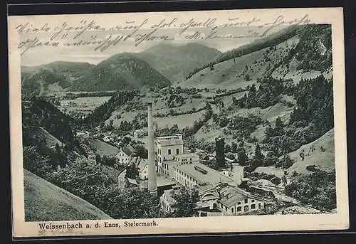 AK Weissenbach a. d. Enns, Blick von oben auf die Ortschaft und Umgebung