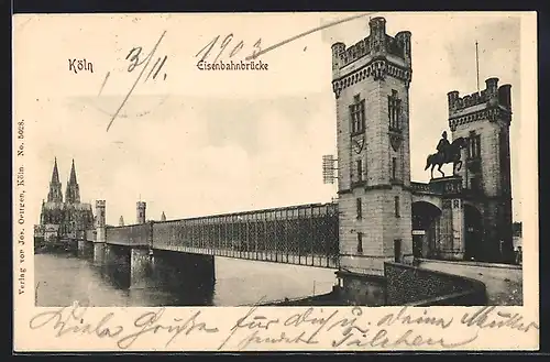 AK Köln, Eisenbahnbrücke mit Domblick