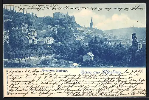 AK Marburg, Panorama mit Burg