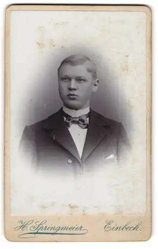 Fotografie H. Springmeier, Einbeck, Portrait junger Herr im Anzug mit Fliege