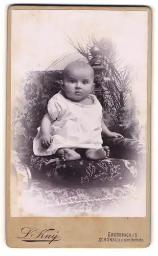 Fotografie L. Kny, Ebersbach, Kleines Baby in kleid sitzend auf einem Sessel