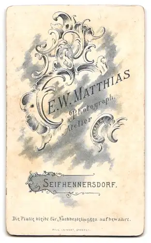 Fotografie E. W. Matthias, Seifhennersdorf, Mann mit Scheitelfrisur in Anzug und Krawatte