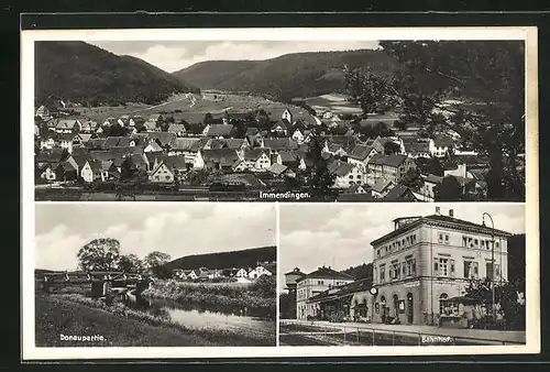 AK Immendingen, Totalansicht mit Bahnhof und Donaupartie