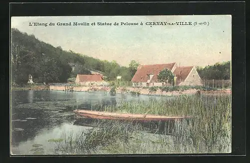 AK Cernay-la-Ville, l'Etang du Grand Moulin et Statue de Pelouse