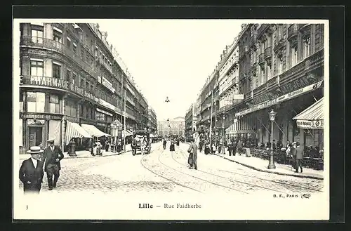 AK Lille, Rue Faidherbe, Strassenbahn