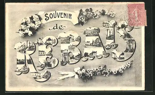 AK Rebais, Teilansichten im Namensschriftzug der Ortschaft