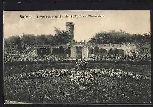 AK Bochum, Stadtpark mit Terrasse und Bismarckturm