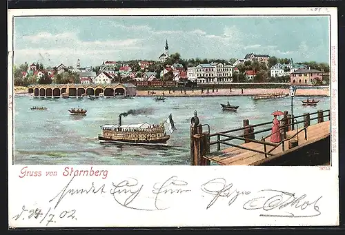 Künstler-AK Starnberg, Ortsansicht mit Pier und Bootshäusern