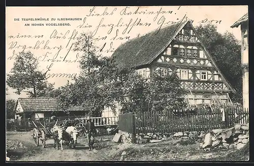 AK Ilbeshausen am hohen Vogelsberg, Teufelsmühle und Ochsenfuhrwerk