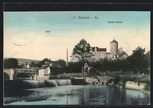 AK Zschopau /Sa., Schloss Wildeck mit Wehr und Brücke