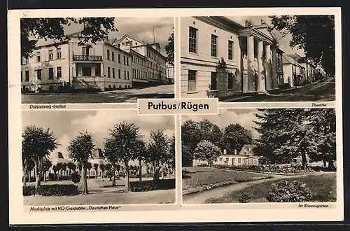 AK Putbus /Rügen, Marktplatz mit HO-Gaststätte Deutsches Haus, Theater