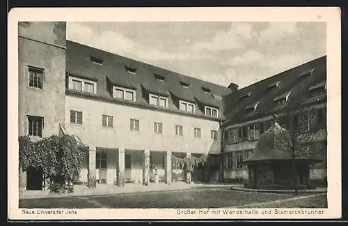 AK Jena, Neue Universität, Grosser Hof mit Wandelhalle und Bismarckbrunnen