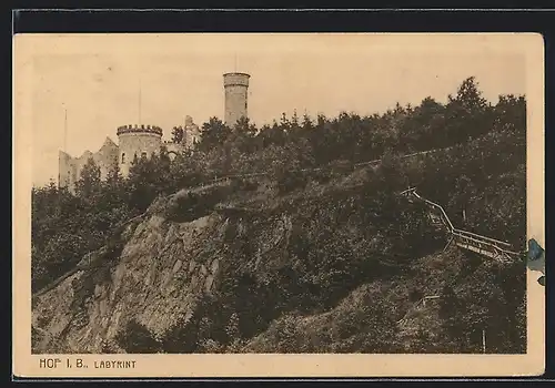 AK Hof i. B., Blick auf Labyrint und Burg