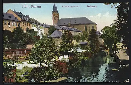 AK Hof i. Bayern, An der St. Michaeliskirche, Saalepartie