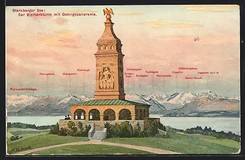 AK Starnberg /Starnbergersee, Bismarckturm mit Gebirgspanorama: Dreitorspitze, Kistenkopf und Hochwanner