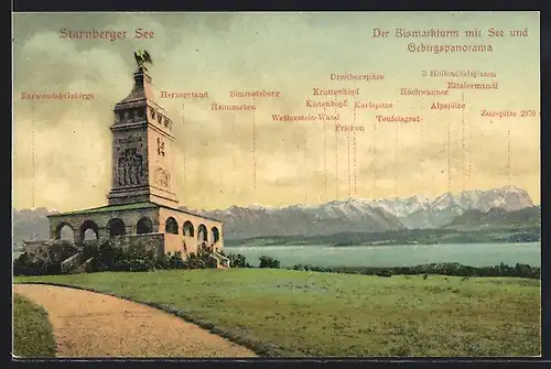 AK Starnberg /Starnbergersee, Bismarckturm mit See und Gebirgspanorama: Herzogstand, Heimgarten und Hochwanner