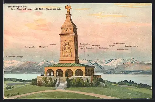 AK Starnberg /Starnbergersee, Bismarckturm mit Gebirgspanorama: Heimgarten, Herzogstand und Alpspitze