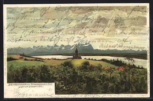 AK Starnberg /Starnbergersee, Bismarckturm gegen die Zugspitze