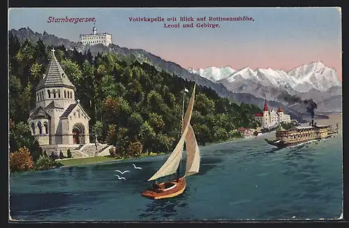 AK Leoni, Votivkapelle mit Blick auf Rottmannshöhe, Leoni und Gebirge, Dampfer, Segelboot