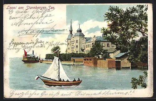 AK Leoni, Ortsansicht, Dampfer, Segelboot