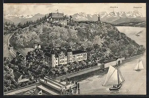 AK Leoni / Starnberger See, Ortspartie mit Drahtseilbahn nach Rottmannshöhe