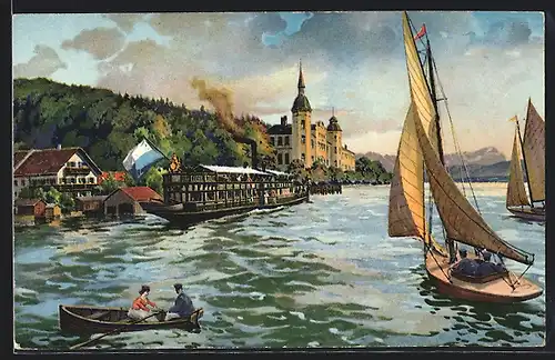 AK Leoni am Starnbergersee, Hotel Leoni mit Dampfer