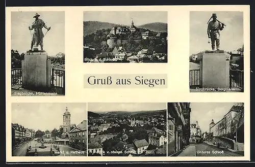 AK Siegen, Blick auf das Schloss, Markt und Rathaus, Siegbrücke Hüttenmann