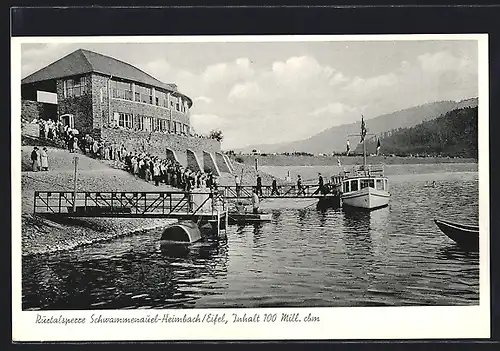 AK Schwammenauel-Heimbach / Eifel, Rurtalsperre, Dampfer an der Anlegestelle, Restaurant Seehof