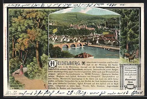 AK Heidelberg, Teilansicht mit Brücke, Passepartout