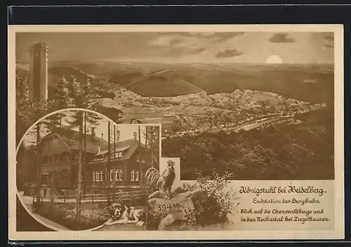 AK Heidelberg, Königstuhl, Blick auf die Odenwaldberge und in das Neckartal