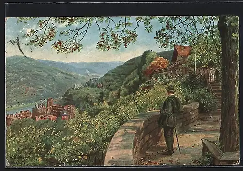 Künstler-AK Heidelberg, Mann schaut ins Tal