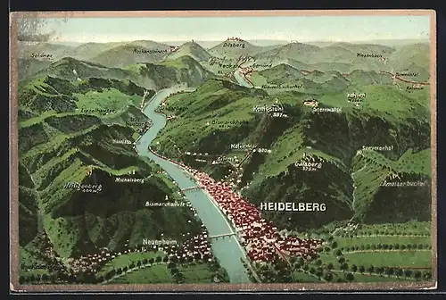 AK Heidelberg, Ortsansicht mit Neuenheim, Michelsberg und Dilsberg