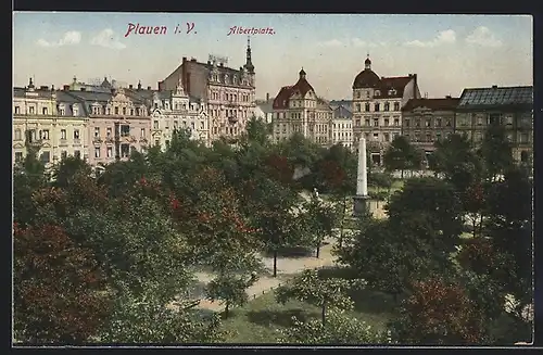 AK Plauen i. V., Albertplatz mit Denkmal