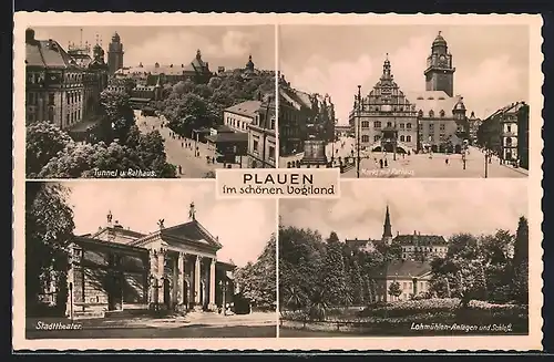 AK Plauen im Vogtland, Lohmühlen-Anlagen und Schloss, Tunnel und Rathaus, Stadttheater