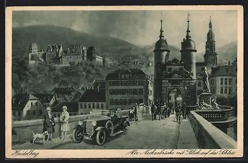 AK Heidelberg, Alte Neckarbrücke mit Blick auf das Schloss